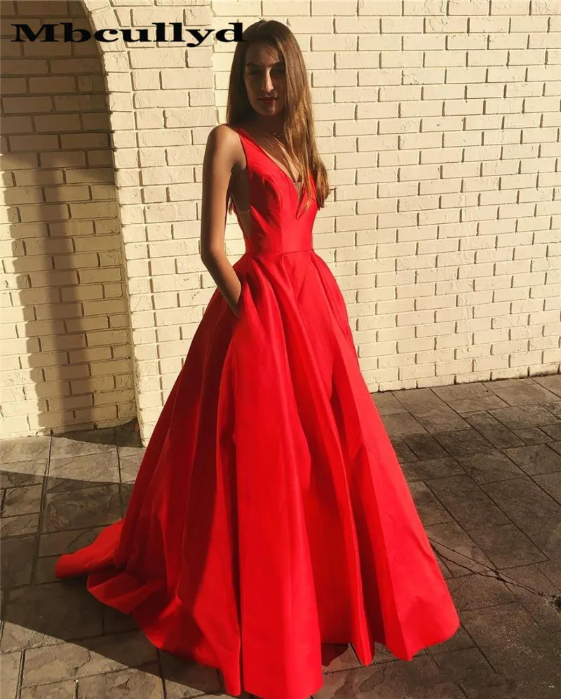 

Mbcullyd 2019 Matte Satin Long Prom Party Dresses with Pockets Formal A Line Evening Pageant Dress Red vestidos de fiesta