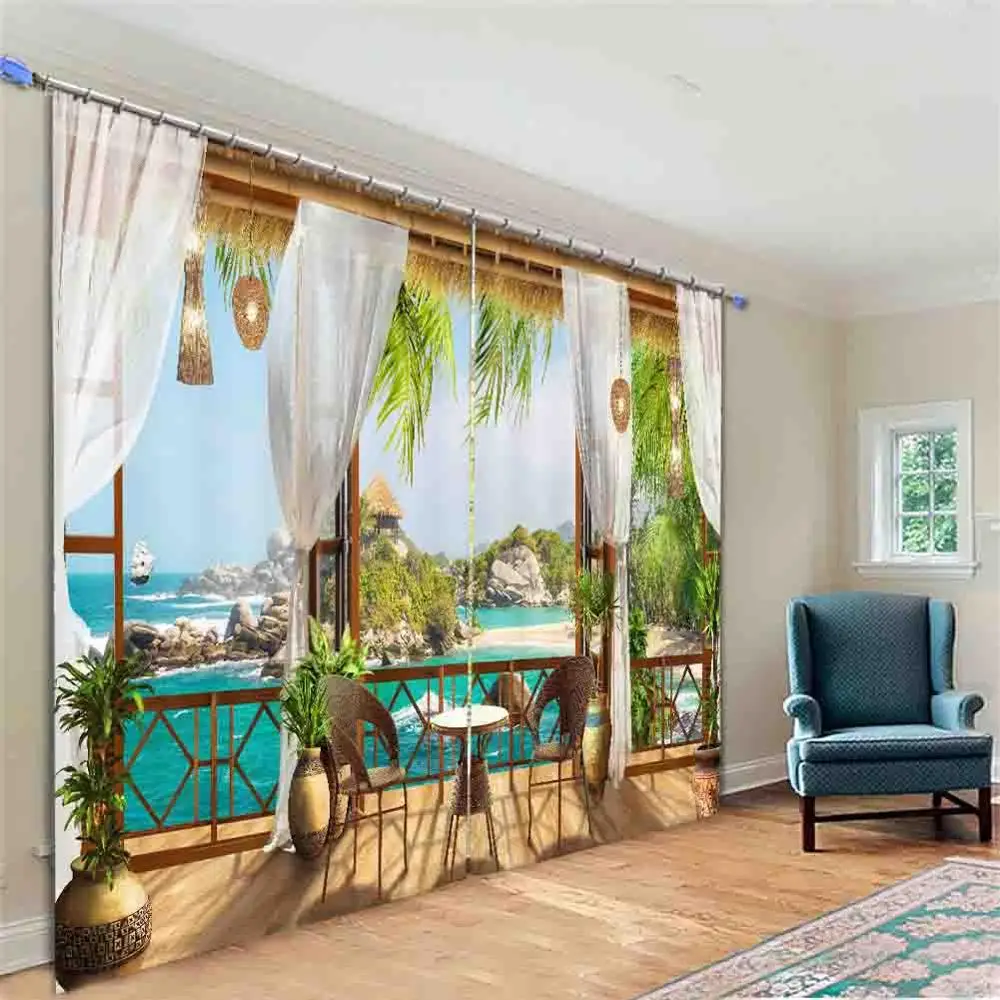 

Digital fresco Sea view 3D Window Curtains Living Room bedroom Drapes Rideaux factory Customized size shower Shading cloth