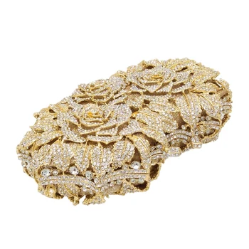 

ABDB-Dazzling Women Gold Rose Flower Hollow Out Crystal Evening Metal Clutches Small Minaudiere Handbag Purse Wedding Box Clut