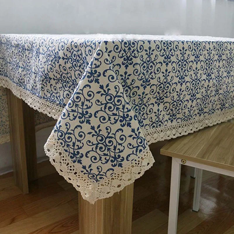 Vintage Tablecloth Navy Blue Lace Table cloth Cotton Linen Fabric