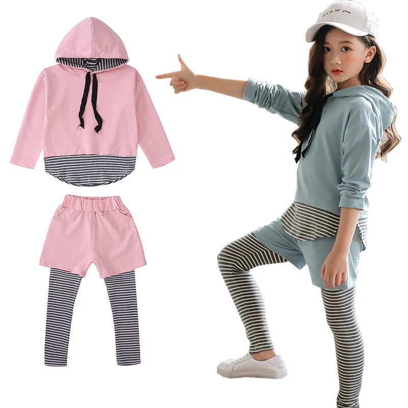 5 6 7 8 9 10 Year Girls Clothes Autumn Cotton Casual Children Clothing Set Hooded Batwing Sleeve Striped Leggings Baby Kids Suit