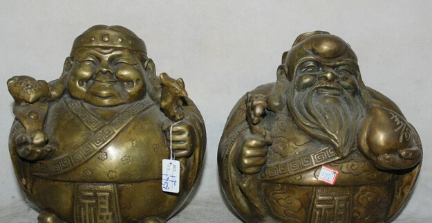 

JP S0524 7" Chinese Copper Wealth Ru Yi peach longevity God grandma granddad Statue Pair