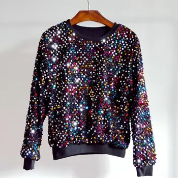

Kpop Korean Tumblr Real Regular Full Polyester Cotton O-neck Sequined 2019 New Style Women Sequins Loose Round Neck Bright Top