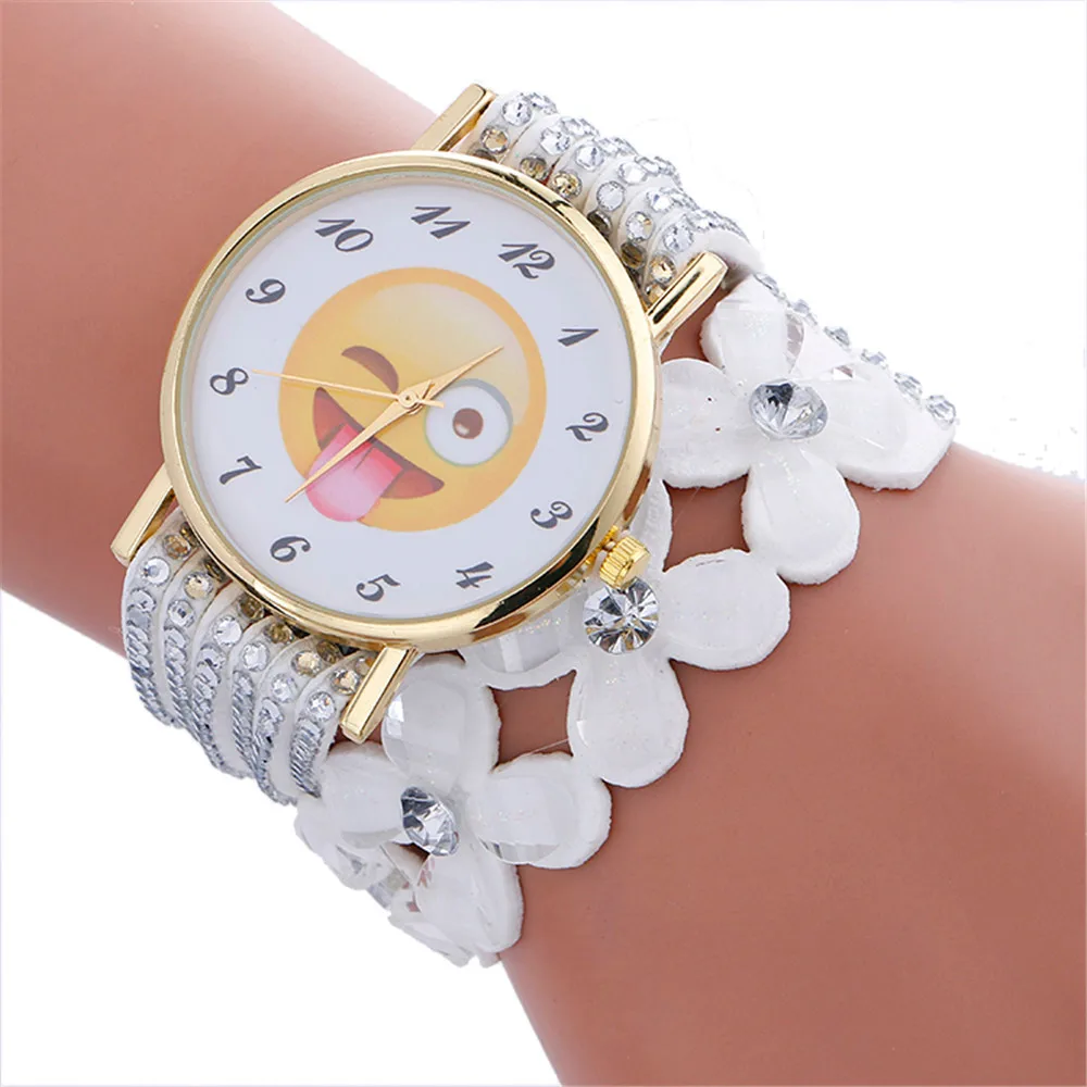 

Bangle Reloj Mujer Watch Fashion Women Watches Cute Emoji Pattern Crystal Leather Bracelet Lady Female Clock Wrist Watch
