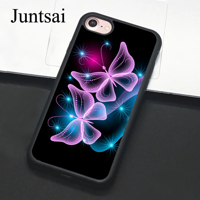 Juntsai красивые неоновые Блестящие бабочки для Apple iPhone 8 7 Plus 6 6s 5 5S SE Жесткий ПК+ ТПУ чехлы задняя крышка Капа для iPhone X