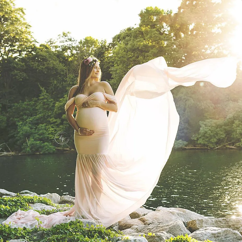 

Pregnant Dresses Maternity Photography Props For Shooting Photo Pregnancy Clothes Cotton+Chiffon Off Shoulder Half Circle Gown