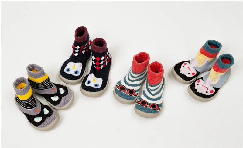 Теплые махровые хлопковые носки для малышей; обувь с резиновой подошвой; зимние носки для маленьких девочек; нескользящие носки с рисунком для новорожденных мальчиков
