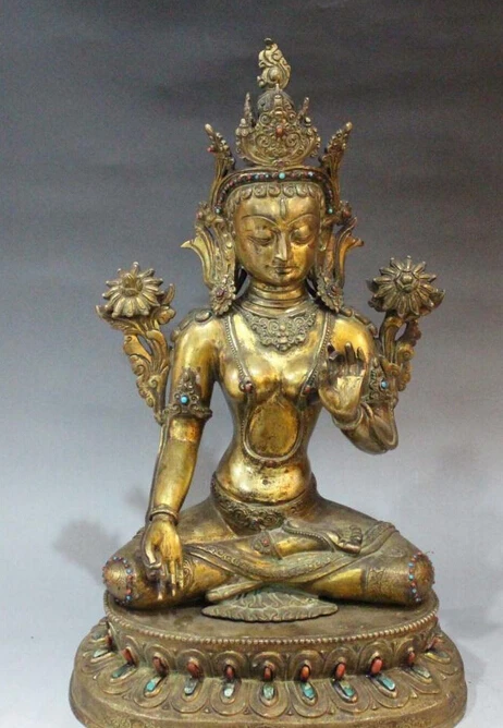 

bi002784 15" Tibet Buddhism Bronze 24K Gold Gem White Tara Kwan-yin Goddess Buddha Statue