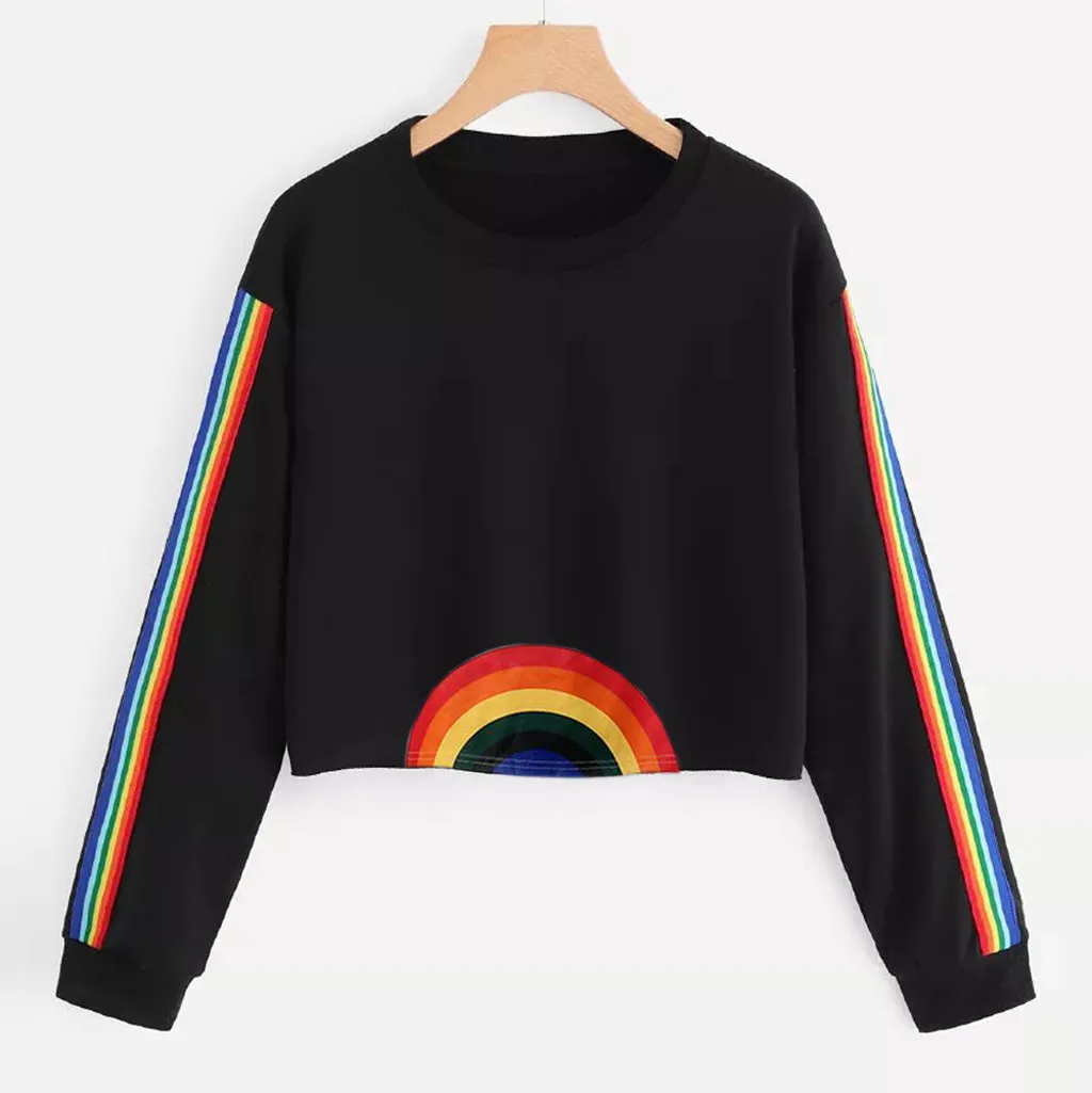 

Aesthetic Hoodie Womens Long Sleeve Clothes Rainbow Patchwork O Neck Sweatshirt Casual Blouse Pullover moleton feminino