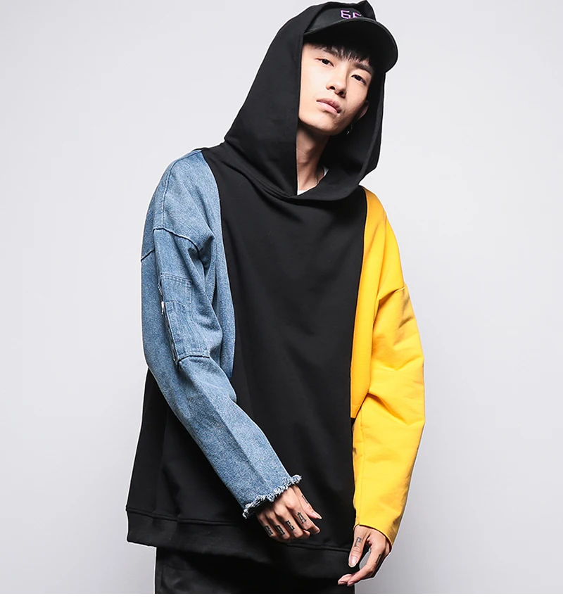 Patchwork Oversized Sweatshirt Men Fashion Long Hoodies Men  (5)