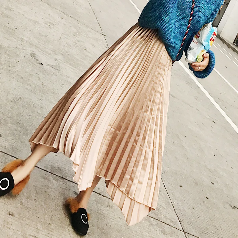 Женская одежда металлик атласная юбка с длинным Нерегулярные плиссированные юбки Для женщин