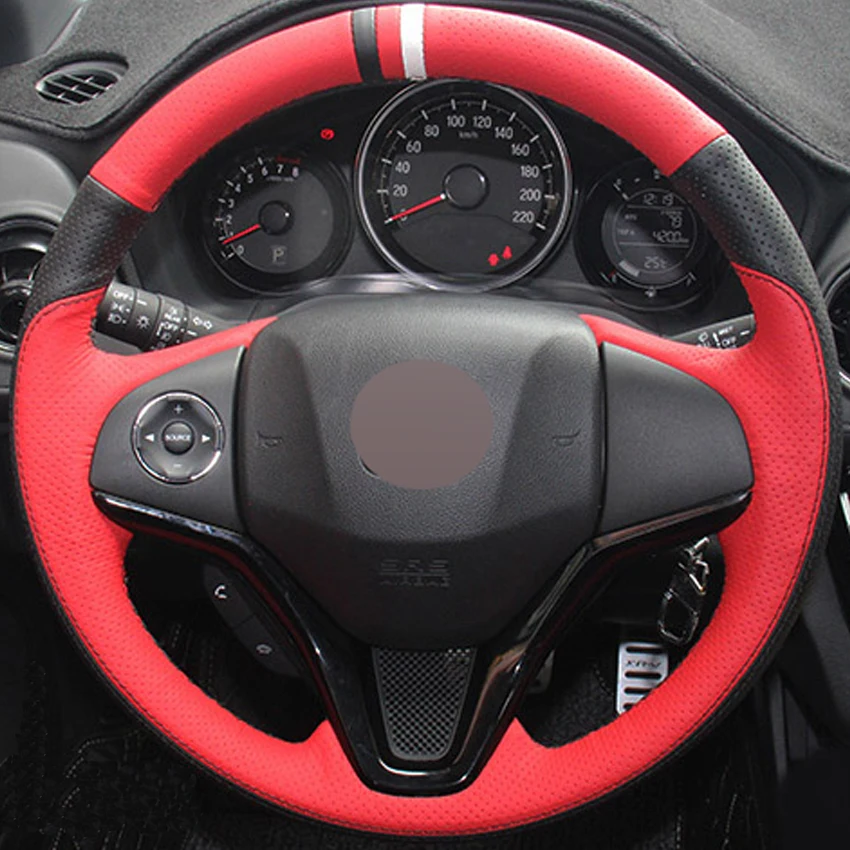 DIY Hand stitched Black Red Genuine Leather Car Steering Wheel Cover