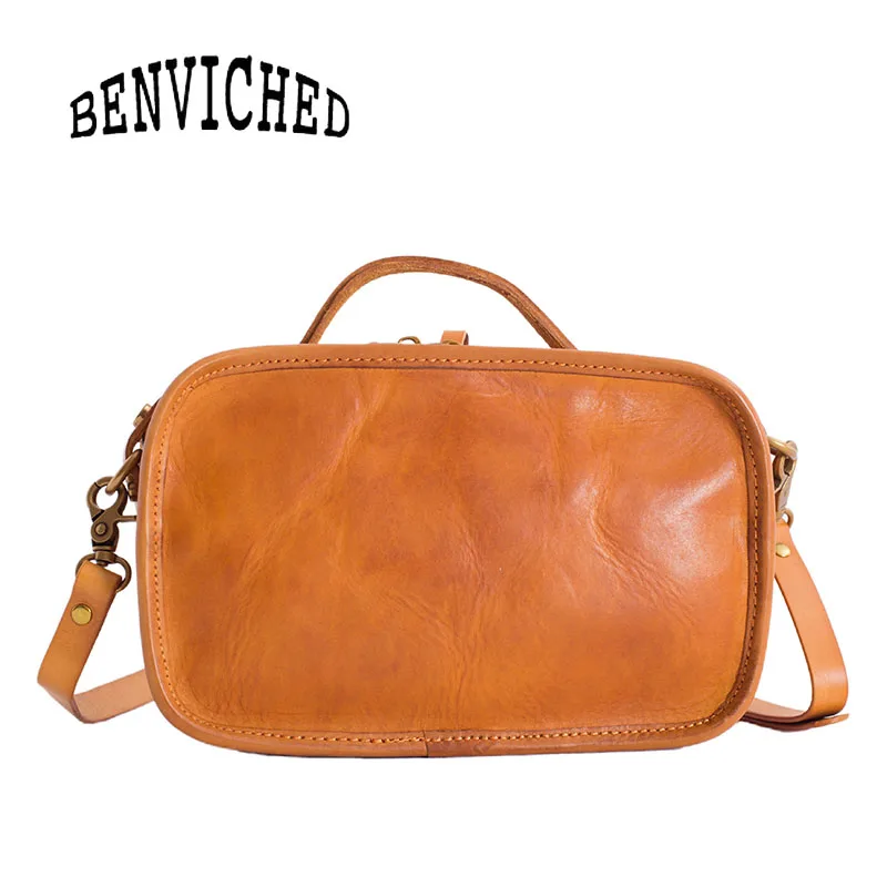 

BENVICHED Ladies' Genuine leather Cowhide bag 2019 fashion retro manual Original brown handbag Inclined single shoulder bag c485