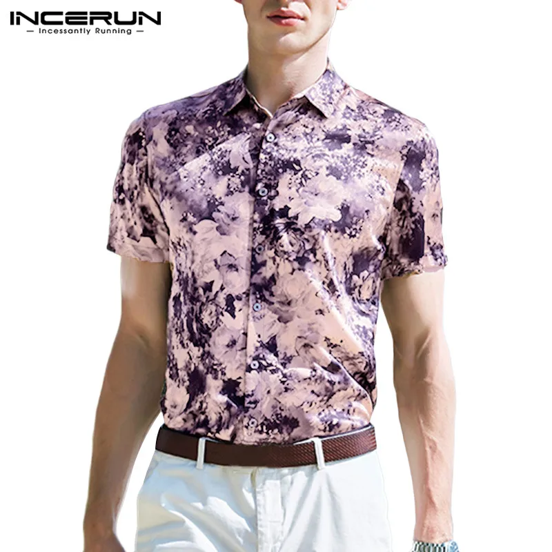 INCERUN Мужская мода 2019 рубашка с воротником мужская с коротким рукавом летняя тонкая рубашка с принтом свободная Высококачественная Camisa