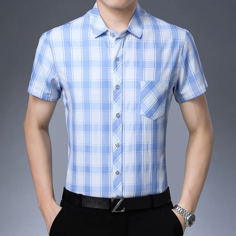 Shirt платье рубашка Men Plaid Printed Short Sleeve Shirts 63-6
