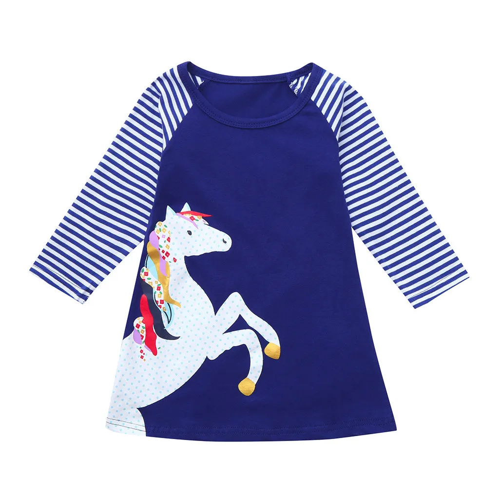 Платье для девочек; Детские платья с принтом лошади; Милая одежда с героями мультфильмов для девочек; костюмы в полоску с длинными рукавами для девочек; детское платье
