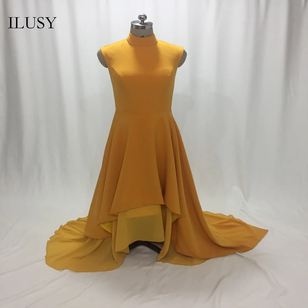 ILUSY Vestido de festa желтые платья подружек невесты с высоким вырезом трапециевидные для