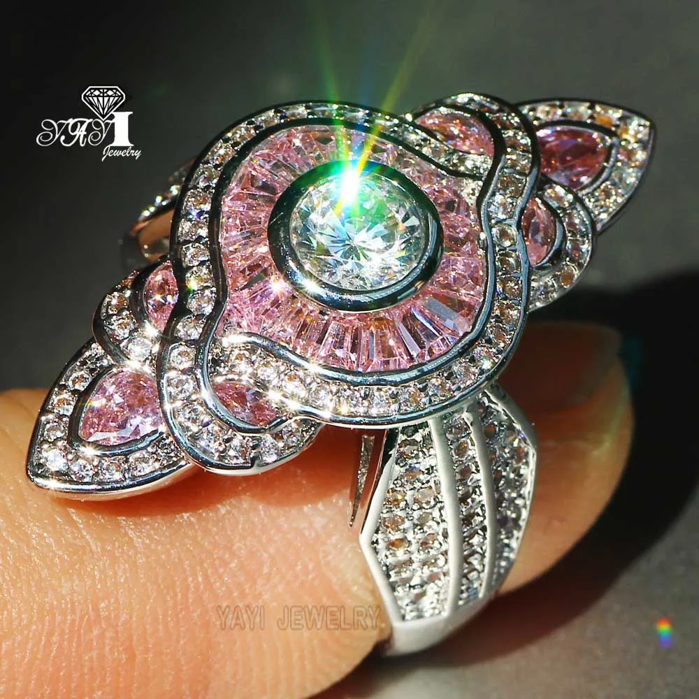 

YaYI Jewelry Fashion Princess Cut 5.2 CT Pink Zircon Silver Color Engagement Rings wedding Rings Party Rings 647
