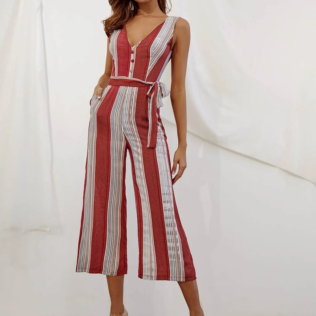 

Elegant Women Stripe Printing Off Shoulder Sleeve Jumpsuit vintage holiday summer beach Jumpsuit party office daily Rompers#ssw