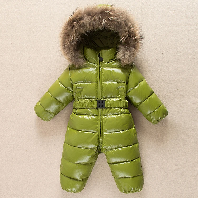 Пуховая одежда; Комбинезон для маленьких девочек; теплая одежда для русской зимы; комбинезоны; зимний комбинезон; Одежда для мальчиков; воротник из меха енота с капюшоном - Цвет: Green