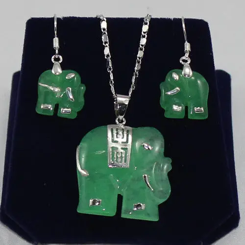 

275 Jewelry green jade elephant earrings pendant necklace set