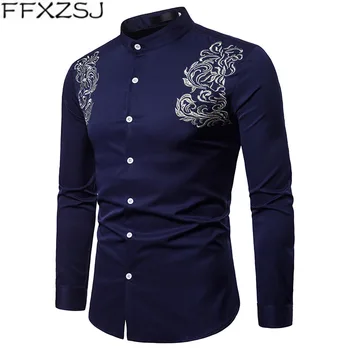 

FFXZSJ Brand 2018 autumn new men's shirt embroidered Henry collar large size casual Slim long-sleeved top shirt camisa masculina