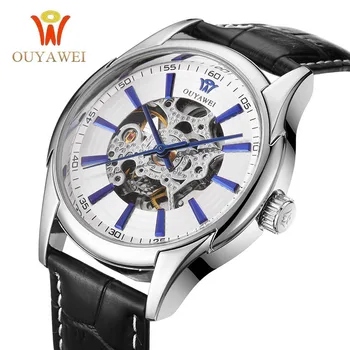 

White Creative Skeleto Dial Men Watches Genuine Leather Luxury Fashion Casual Clockc Mechanical Watch Men's wristwatch OUYAWEI