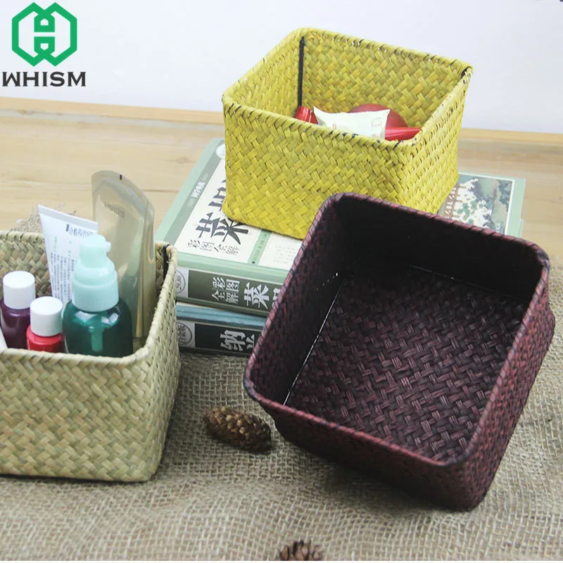 WHISM الأعشاب البحرية باسكت تخزين من الخيزران اليدوية القش صندوق تخزين المنسوجة ماكياج المنظم الخوص سطح المكتب أشتات الحاويات WHISM الأعشاب البحرية باسكت تخزين من الخيزران اليدوية القش صندوق تخزين المنسوجة ماكياج المنظم الخوص سطح المكتب أشتات الحاويات