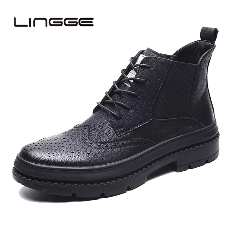 

LINGGE Men Black Chelsea Boots Male Fashion Casual Round Toe Lace Up Martin Boots Microfiber Leather Booties