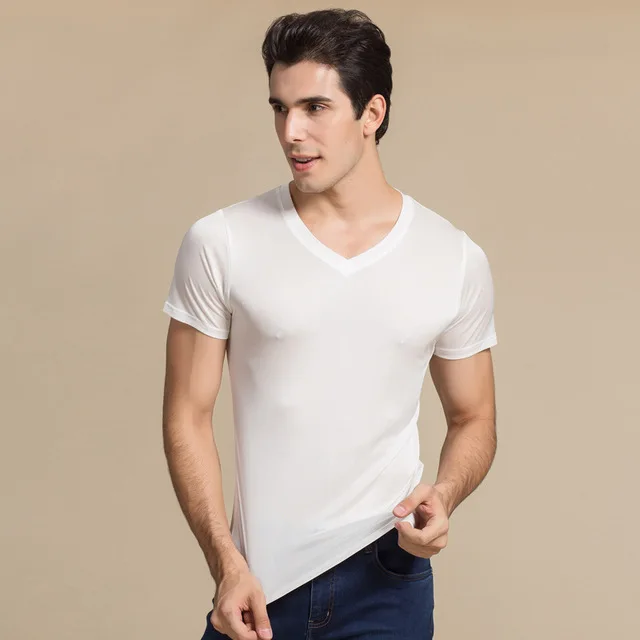 Чистый шелк мужская Нижняя майка с коротким рукавом рубашки мужские повседневные футболки мужские с v-образным вырезом футболки Vestidos GSY7002 - Цвет: white