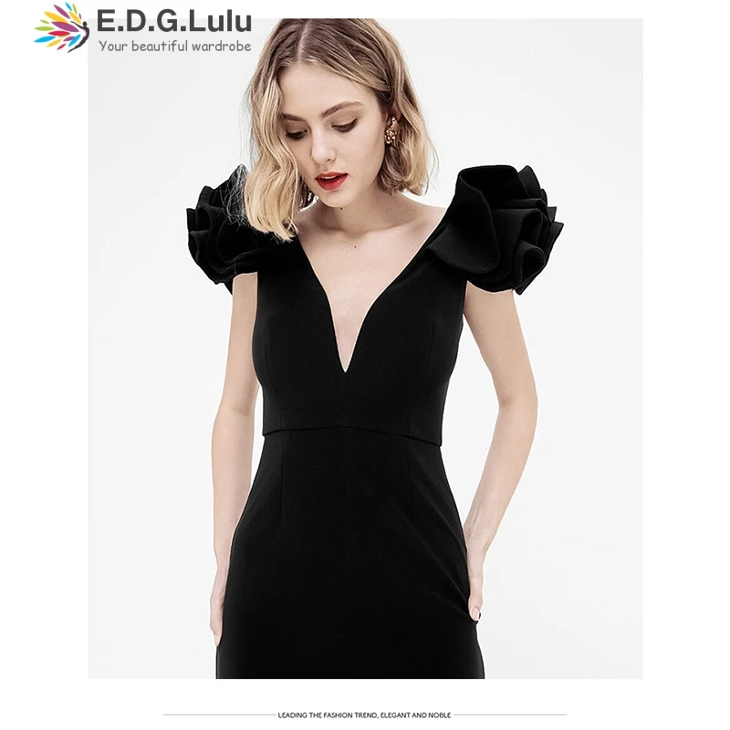 

EDGLulu formal dress women elegant clothes 2019 fashion summer new arrival black runway party mini bodycon v neck dress