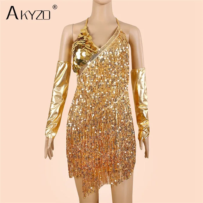 AKYZO модное однотонное платье с v-образным вырезом, блестками и открытой спиной, женское сексуальное мини-платье с открытыми плечами для рождественской вечеринки и клуба - Цвет: gold