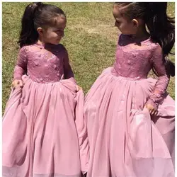 Розовые платья для девочек с цветочным узором, Западный сад одежда с длинным рукавом свадебные прозрачные бальное платье аппликация с