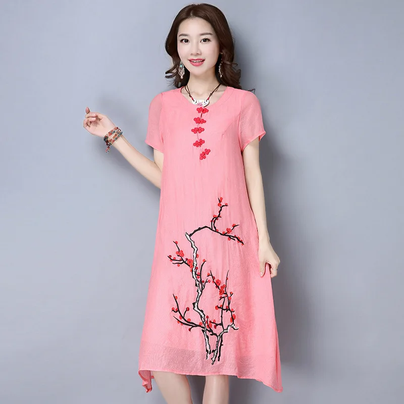 2017 New Style Summer Dress Women Chinese Retro Button Short Sleeve Fashion Girl National Wind Embroider Loose | Женская одежда