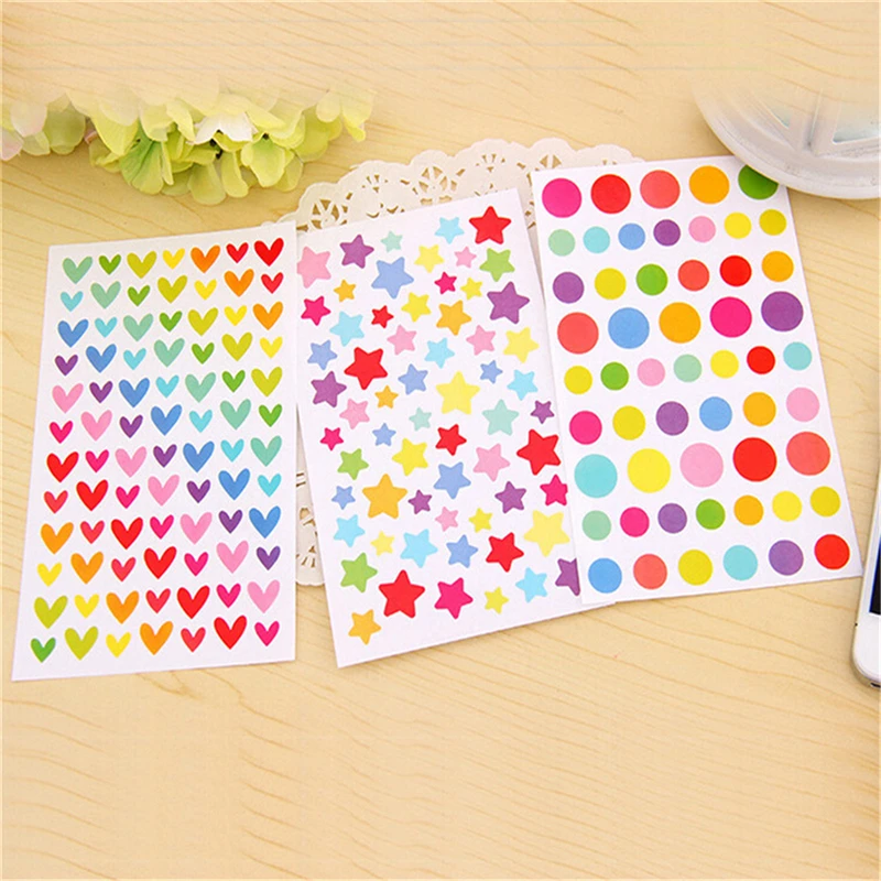 

New 6 sheets/set Colorful Seal Cute Love Heart Dot Five-pointed Star round dot Decoration Scrapbooking Paper Stickers Stationery