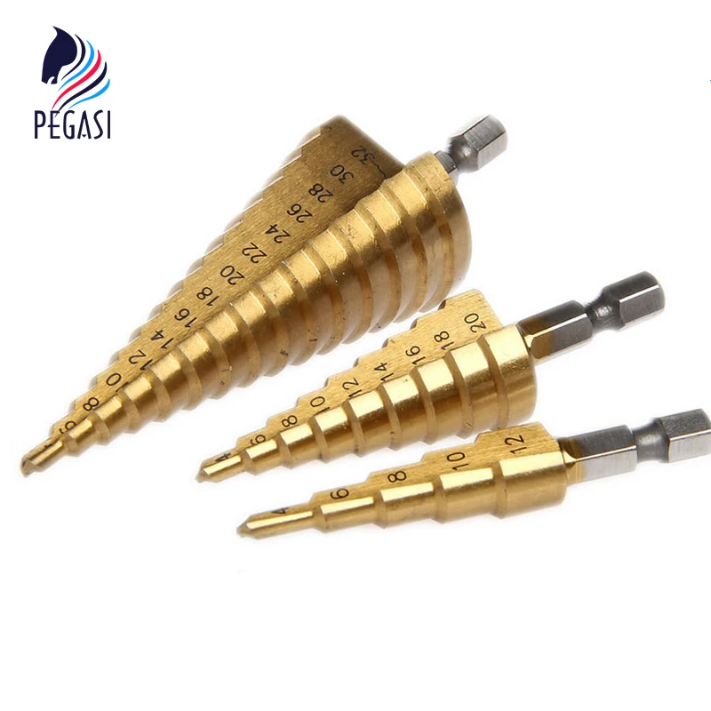 PEGASI 3pc Hss Step Cone Taper Drill Bit Set Metal Plastic Hole Cutter