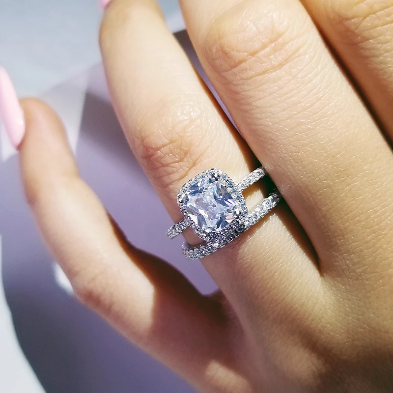 solid 925 Sterling Silver zircon Wedding Ring Set for Bridal Women Finger Gift Africa ghana