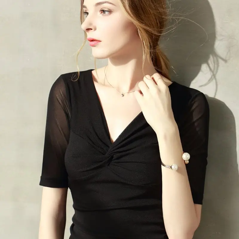 

Women T Shirt Summer Top Sexy V Neck Draped Mesh Short Sleeve White Casual Tops Tees Comfort Stylish Female Black Basic Tshirt