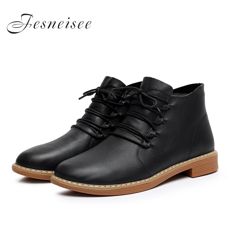 

2019 New Genuine Leather Women Boots Square Heel Lace up Soft Cowhide Women's Shoes Handmade Ankle Boots Size34-41 zapatos mujer