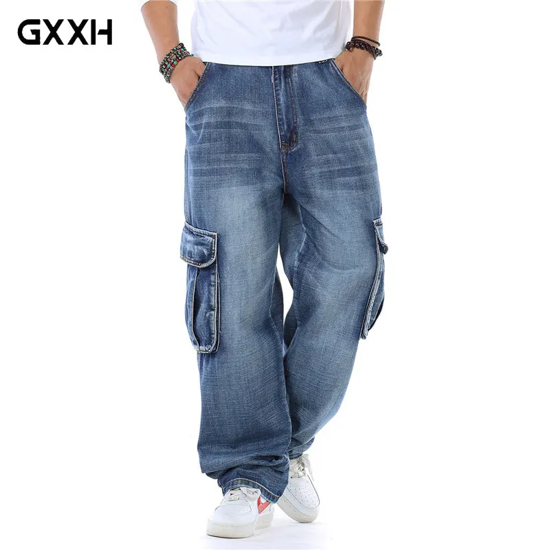 Новинка, японский стиль, Брендовые мужские прямые джинсовые брюки карго, байкерские джинсы, Мужские Мешковатые Свободные синие джинсы с боковыми карманами, плюс размер 40 46