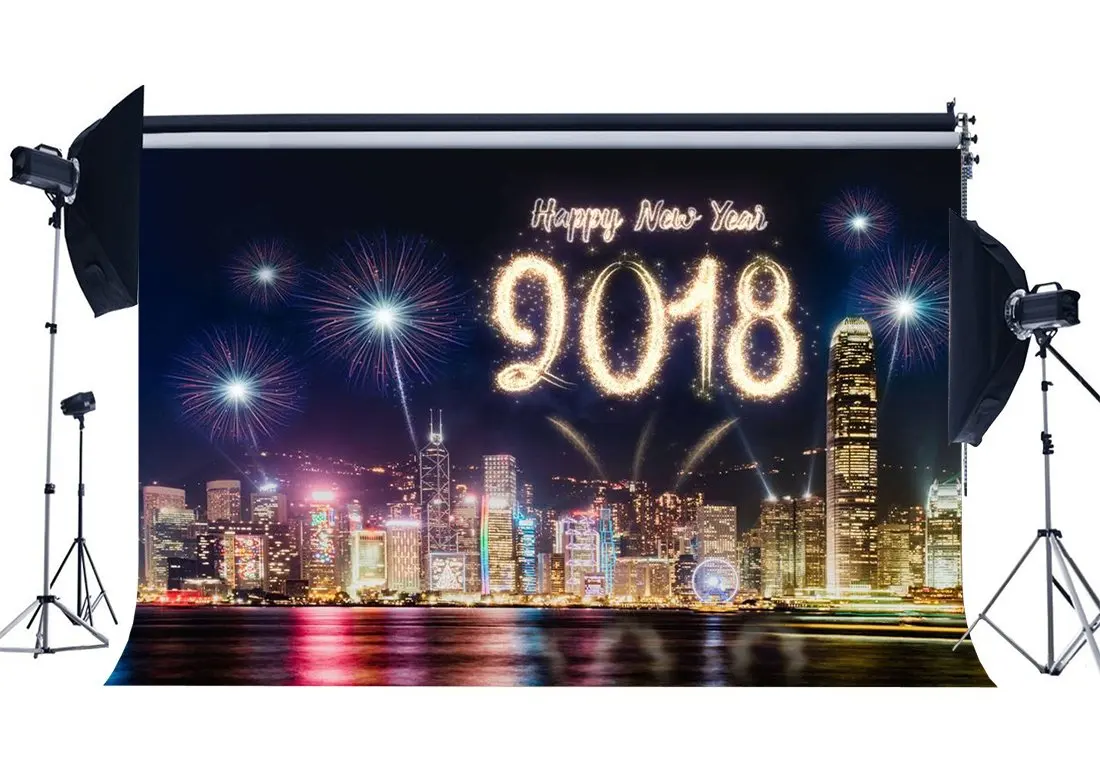 Happy New Year 2018 Backdrop York City Night View Fancy Fireworks Skyscraper River Romantic Wallpaper Blue Sky | Электроника