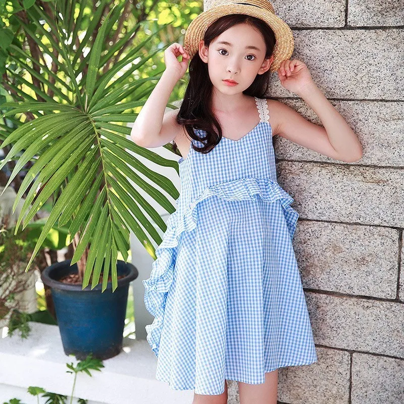 plaid girl dress Оборками Лоскутная летняя для девочек-подростков платья принцессы без рукавов вечерние пляжные платье для девочек 4 лет 10 12 14 6 8 Костюмы дети - Цвет: plaid girl dress