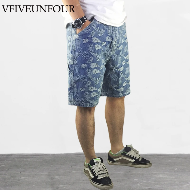 

VFIVEUNFOUR Hip Hop Cashew flower pattern denim Ripped Shorts Jeans Streetwear Men Embroidery Jeans Short Trousers hot selling