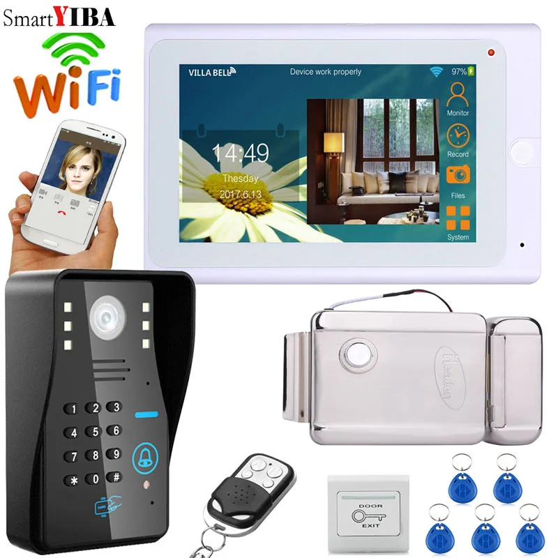 cheap SmartYIBA RFID Password Wifi Wireless Video Door Phone Doorbell Intercom Kit With 7 Inch Monitor Electric Door Lock Exit Switch