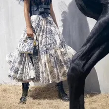 Для женщин Длинная юбка Роскошные животных печати Высокая талия плиссированные большой кулон юбка в европейском стиле дизайнерские вечерние макси юбка