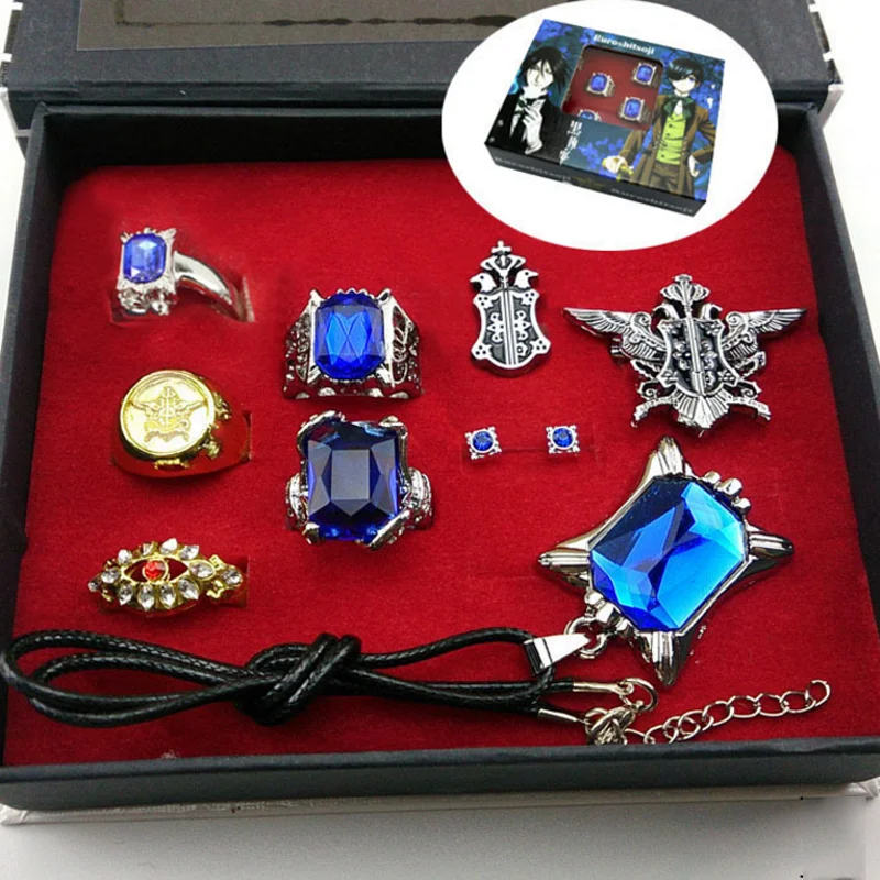 

9 pcs/set fashion Black butler Kuroshitsuji Ciel Phantomhive Cosplay Rings+ Necklace+Ear-nail earring studs Jewelry Set