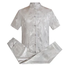 WAEOLSA Men Summer 2PCS Pant Sets Chinese Dragon Pattern Twinset Man Tunic Shirt And Trouser Suit  Silk Cotton Blends Ensemble