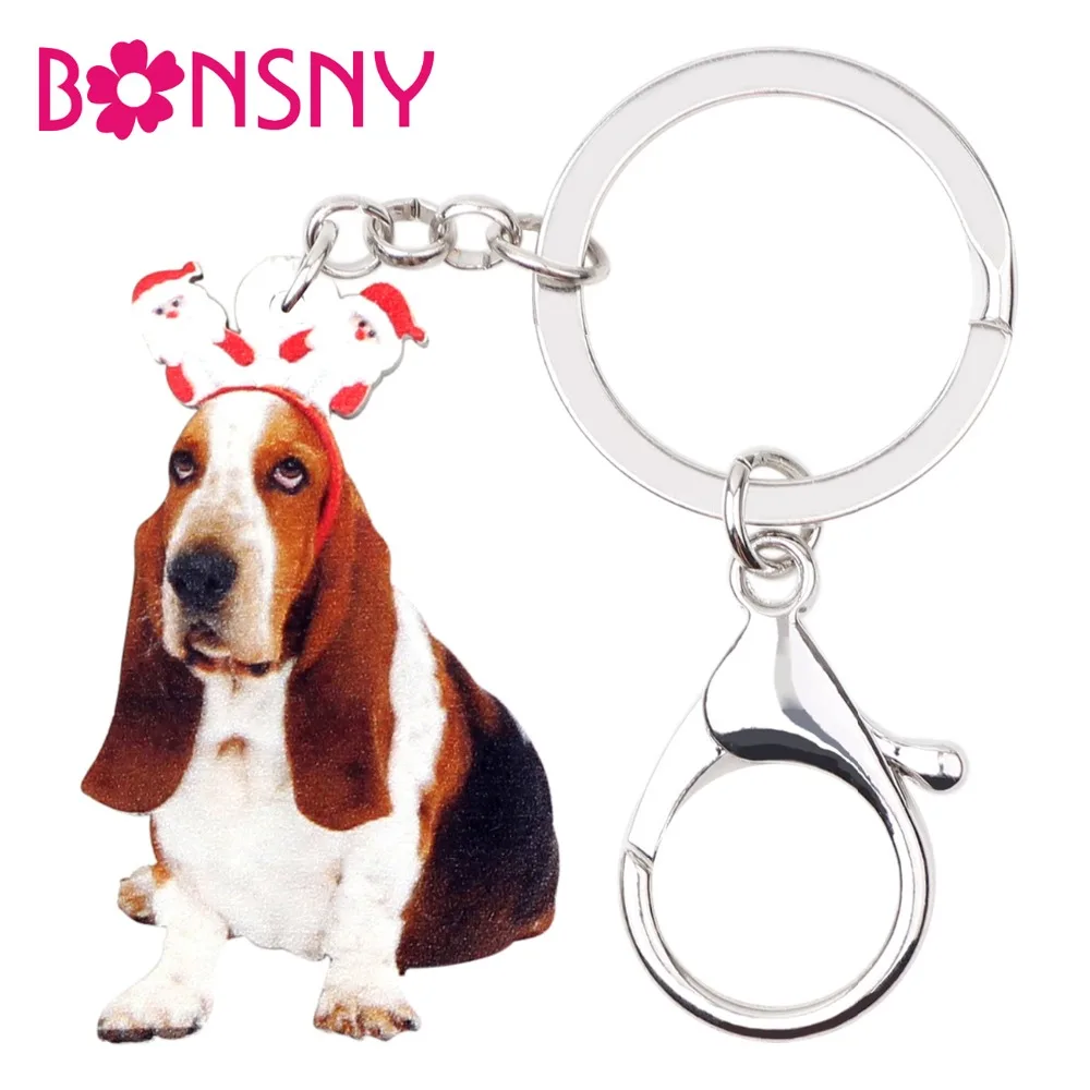 Bonsny Acrylic Sweet Christmas Santa Basset Hound Dog Key Chains