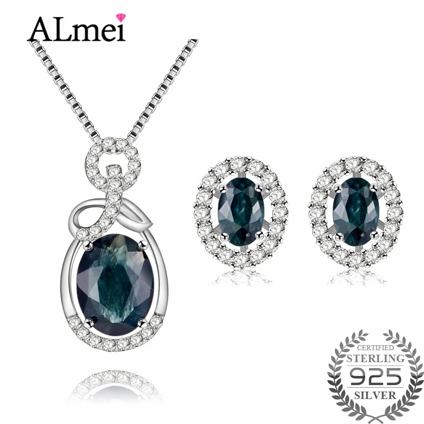 Almei Oval 925 Стерлинговое Серебро, сапфир, комплект ювелирных изделий для женщин, ожерелье, серьги, подарок на день рождения с коробкой CT009