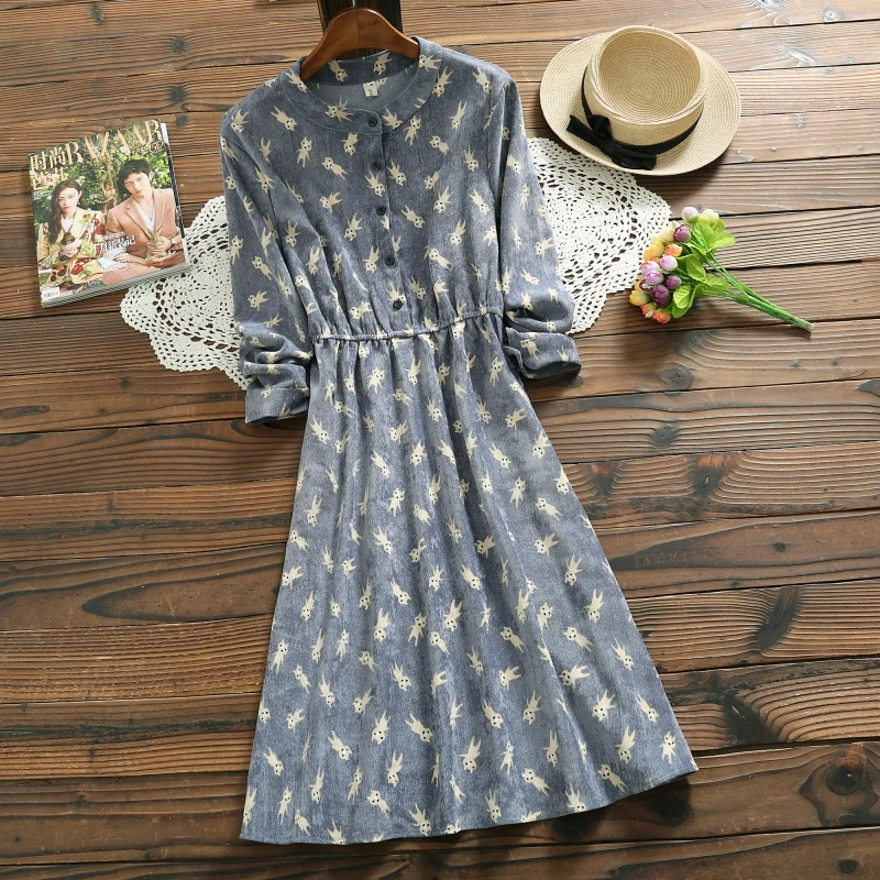 

Autumn winter lady long sleeve corduroy vintage dress new fashion stand collar elegant mori girl vestidos mujer 2018